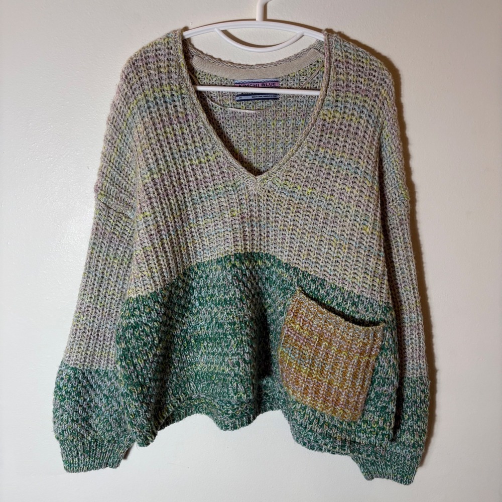Kimchi Blue Space Station Cream Green Chunky V-Neck Sweater Size Medium‎
